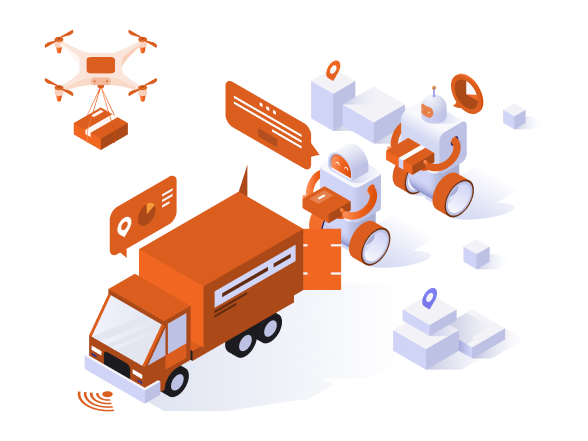 Aero Suppliers robots loading boxes in delivery truck and flying quadcopter drone 1
